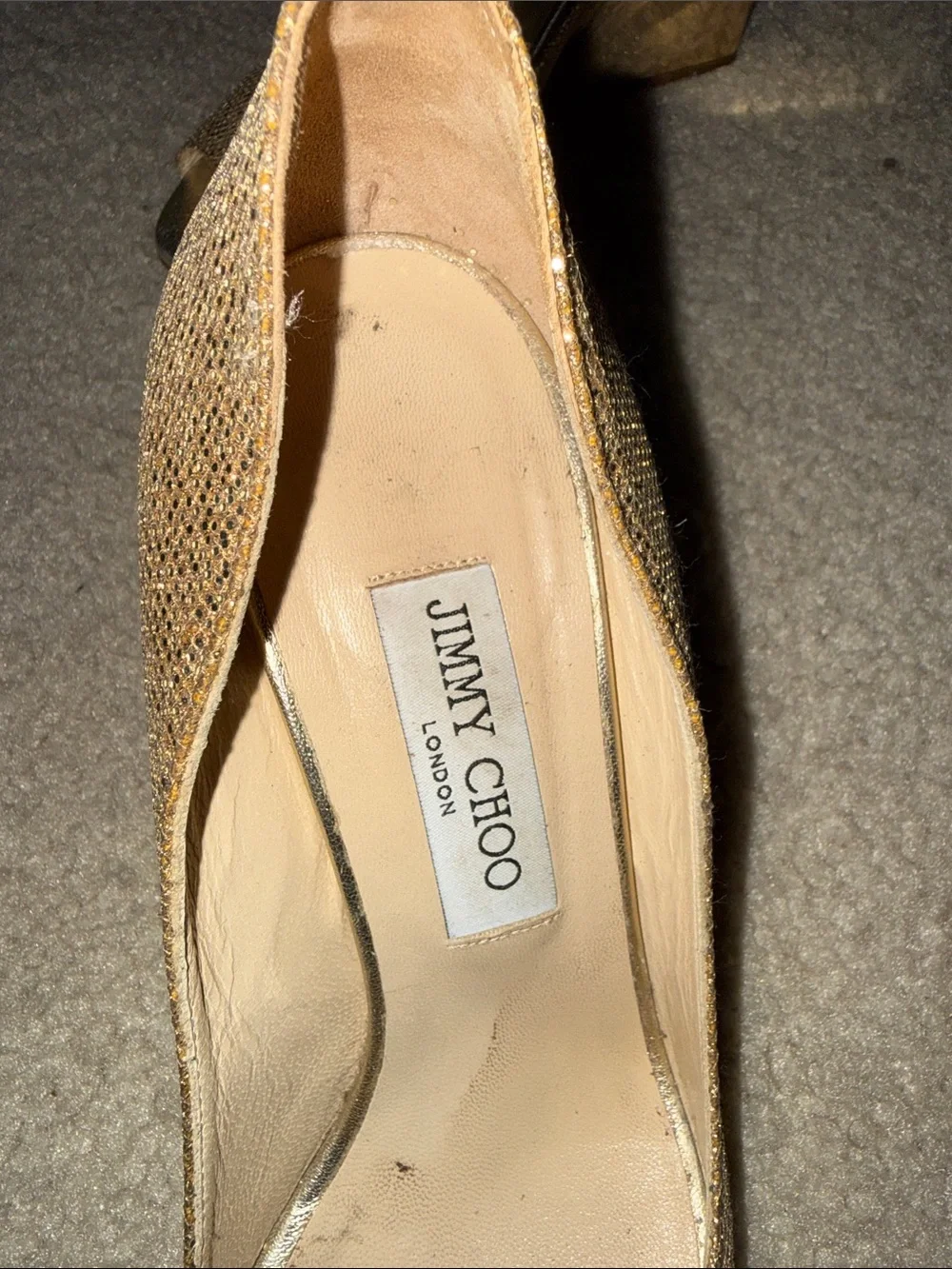Jimmy Choo Gold Metallic Peep-Toe Wedge Heels